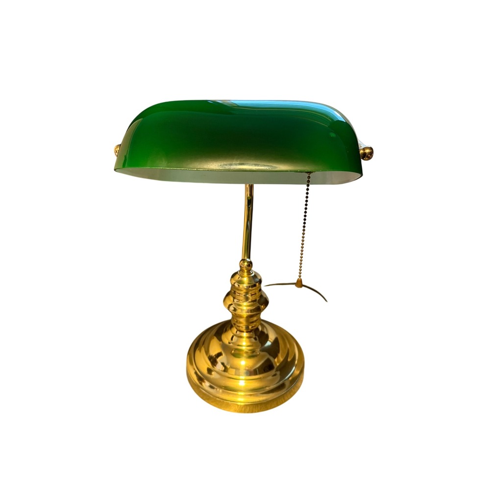 Vintage Bankers Lamp Green Glass Shade Brass Base Desk Light Emerald Office